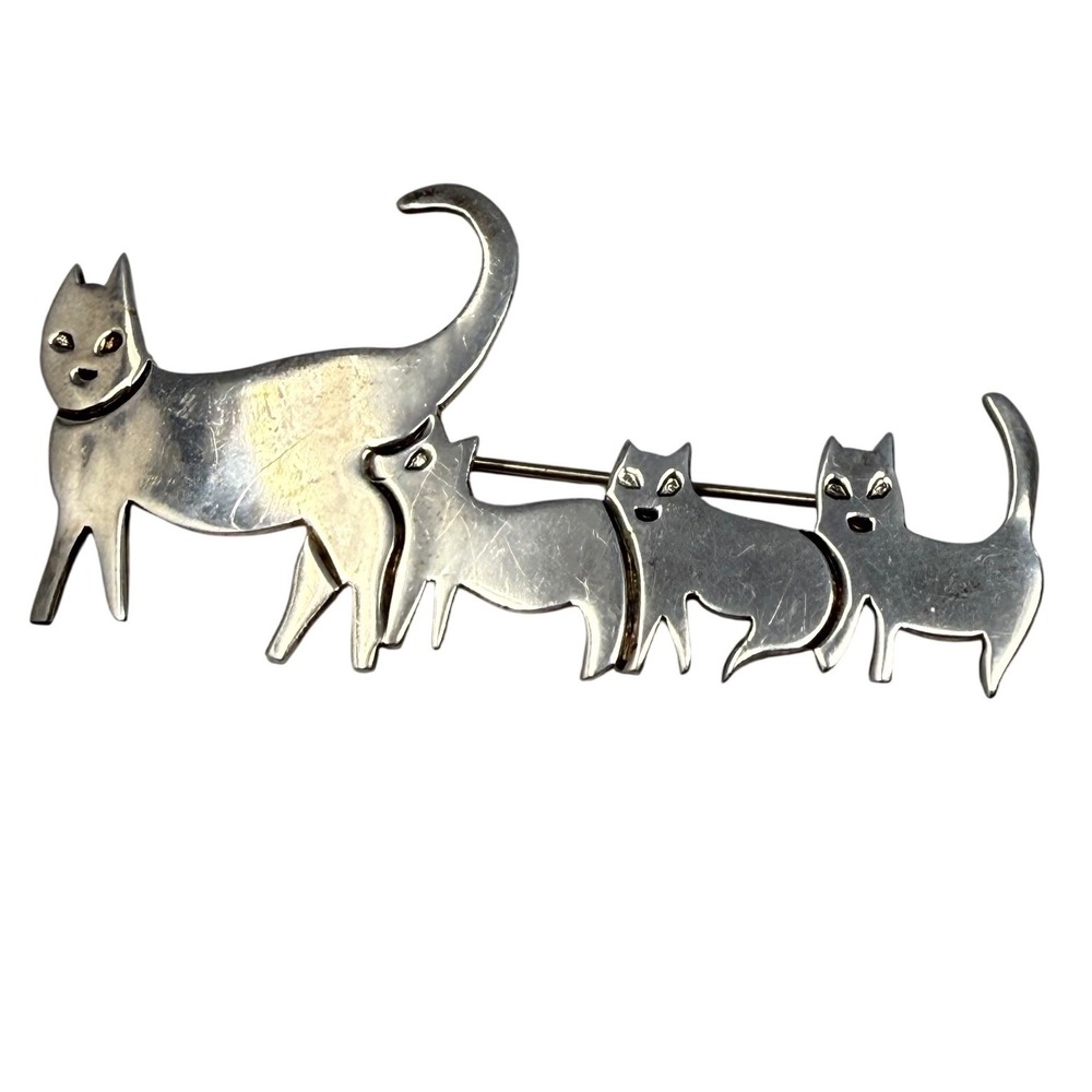 Vintage Mexico 925 Sterling Silver Cat Family Brooch Mother and Kittens Pin 14g